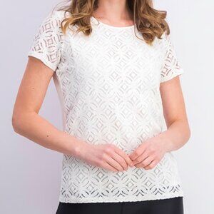 Market & Spruce White Short Sleeve Doily Blouse Size Small Petite NWOT
